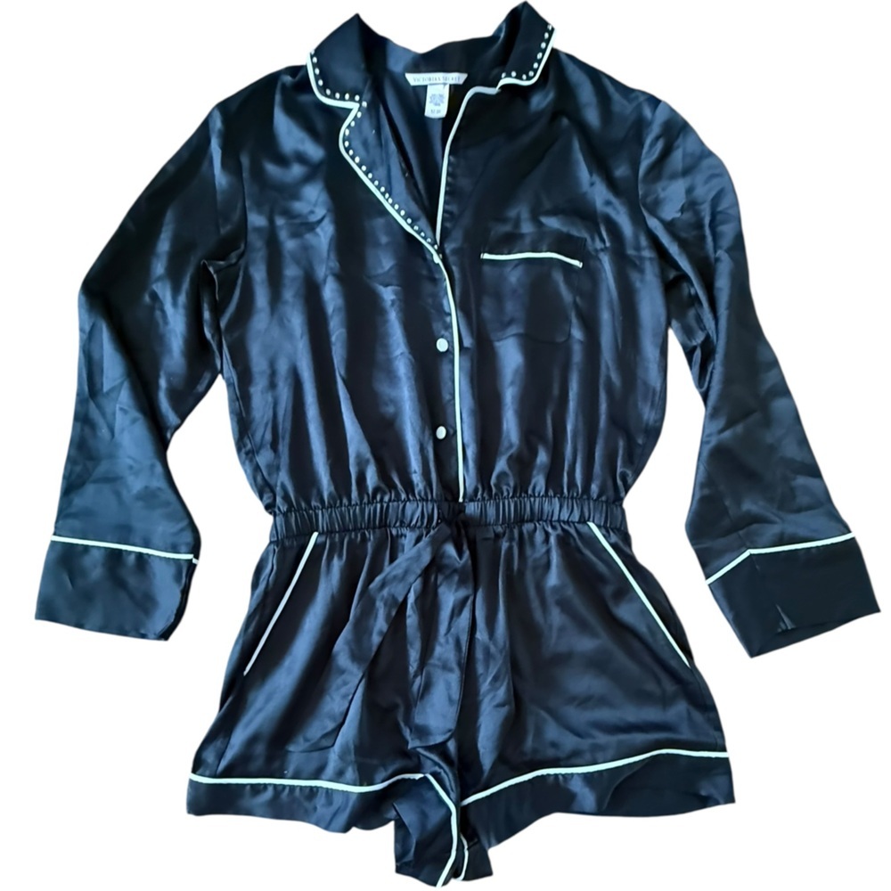 Victoria's Secret Black Satin Pajama Romper - Small